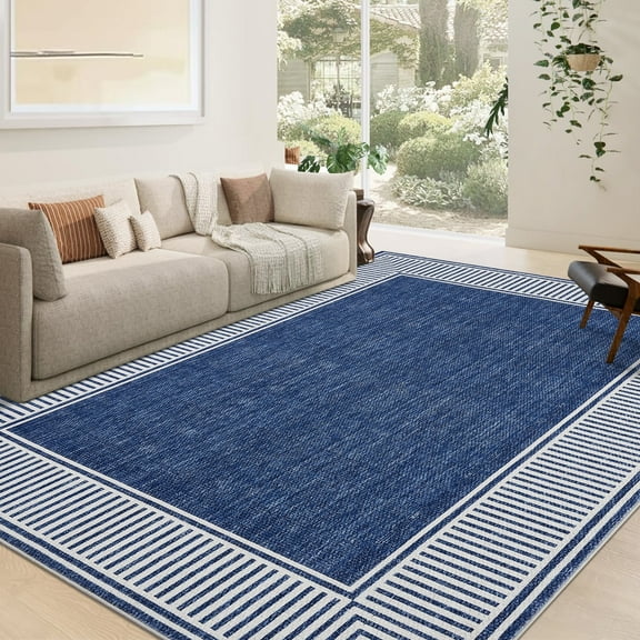 Haperlare 5'x7' Area Rug Washable Modern Bordered Rugs, Foldable Contemporary Striped Indoor Carpet Low Pile Stain Resistant Rugs for Living Room Bedroom Dining Room Home Office, Blue