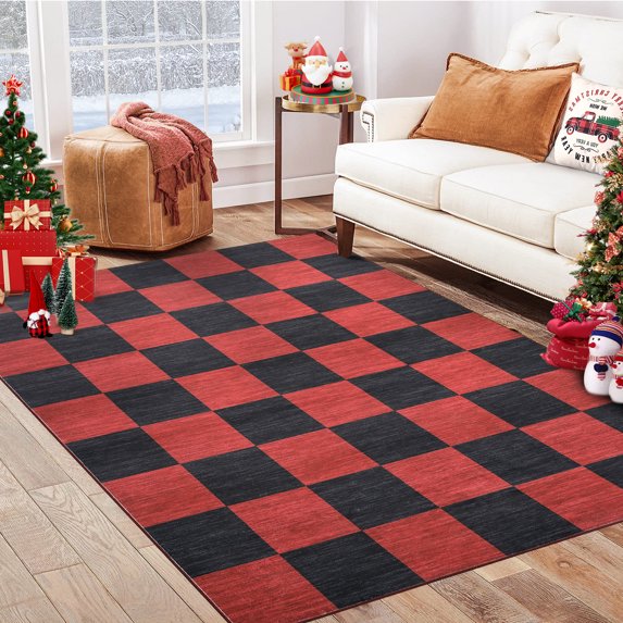 Haperlare 5'x7' Christmas Area Rug Checkered Decorative Carpet, Non-Slip Washable Rug Stain-Resistant Low Pile Floor Mats for Living Room Bedroom Home Decor, Red Black