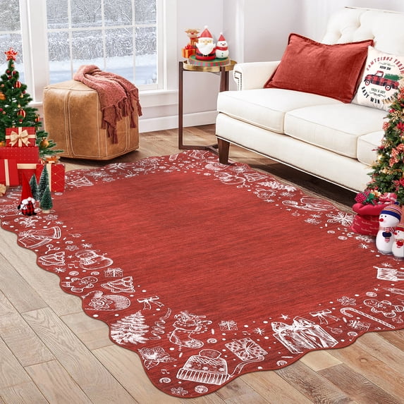Haperlare 5'x7' Christmas Scalloped Rug Xmas Holiday Carpet, Washable Rug with Non Slip TPR Backing Low Pile Floor Cover for Living Room Bedroom Home Decor, Red