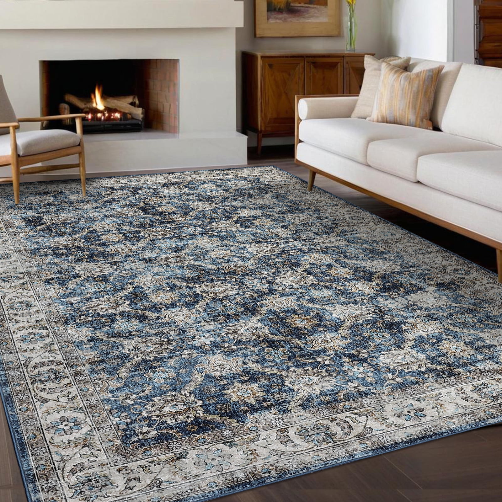 Haperlare 5'x7' Vintage Floral Area Rug Soft Oriental Carpet, Washable Rug Non Slip TPR Backing Low Pile Rugs for Living Room Bedroom Home Office, Blue