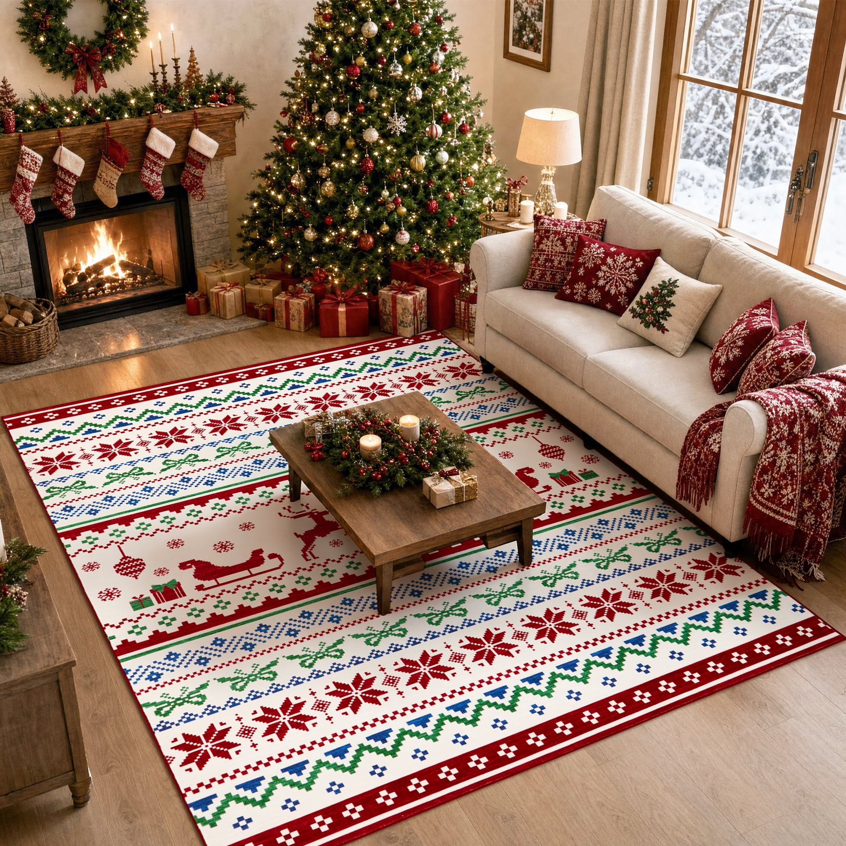 Haperlare 5x7 ft Christmas Area Rug, Machine Washable Nordic Fair Isle ...