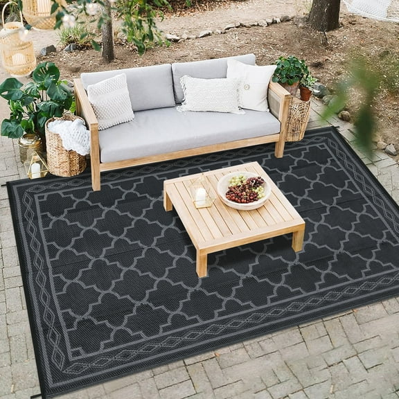 Haperlare 6' x 9' Black & Gray Outdoor Rug Plastic Straw Rug Bohemia Waterproof PP Tube Woven Picnic Mat for Patio Decor Porch Balcony Picnic Rug