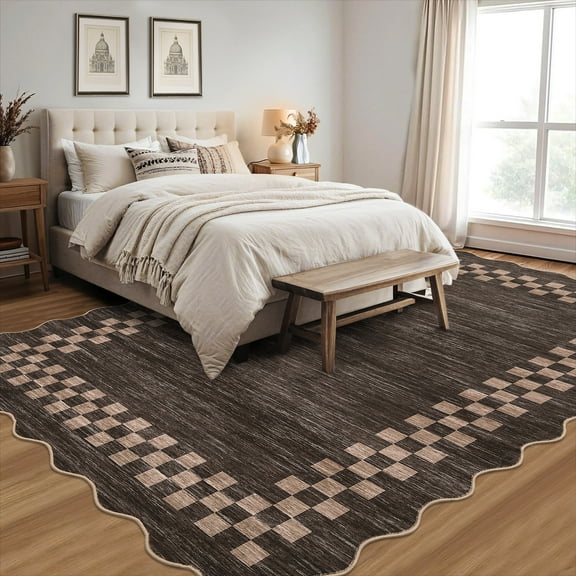 Haperlare 6'x9' Geometric Scalloped Area Rug Washable Rugs for Living Room, Stain-Resistant Modern Non-Slip Rugs Low Pile Indoor Carpet for Bedroom Home Decor, Brown