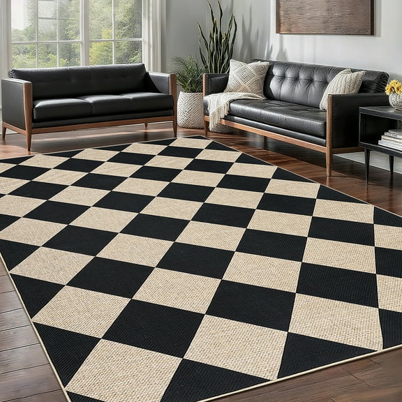 Haperlare 6'x9' Washable Jute Area Rugs Checkered Carpet, Non Slip Low Pile Rug Contemporary Indoor Outdoor Floor Mats for Living Room Bedroom Backyard, Black White