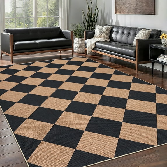 Haperlare 6'x9' Washable Jute Area Rugs Checkered Carpet, Non Slip Low Pile Rug Contemporary Indoor Outdoor Floor Mats for Living Room Bedroom Backyard, Black Coffee