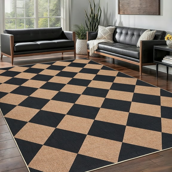 Haperlare 6'x9' Washable Jute Area Rugs Checkered Carpet, Non Slip Low Pile Rug Contemporary Indoor Outdoor Floor Mats for Living Room Bedroom Backyard, Black Coffee