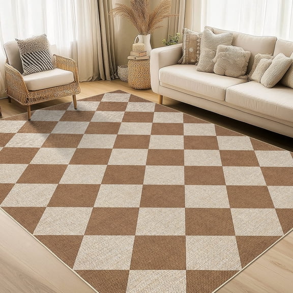 Haperlare 6'x9' Washable Jute Area Rugs Checkered Carpet, Non Slip Low Pile Rug Contemporary Indoor Outdoor Floor Mats for Living Room Bedroom Backyard, Coffee