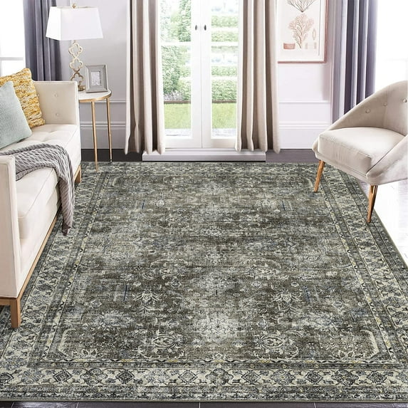 Haperlare 8x10 Vintage Area Rug Washable Rug for Living Room, Oriental Floral Rug Non-Slip Low Pile Rugs for Bedroom Dining Room, Green