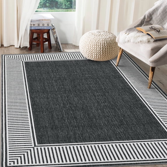 Haperlare 8'x10' Area Rug Washable Modern Bordered Rugs, Foldable Contemporary Striped Indoor Carpet Low Pile Stain Resistant Rugs for Living Room Bedroom Dining Room Home Office, Black