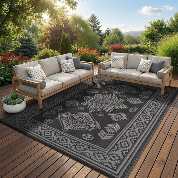 Haperlare 8'x10' Boho Outdoor Rug Plastic Reversible Outdoor Carpet, Waterproof Straw Patio Rug RV Camping Mat with Storage Bag for Deck Porch Beach Backyard, Black Gray
