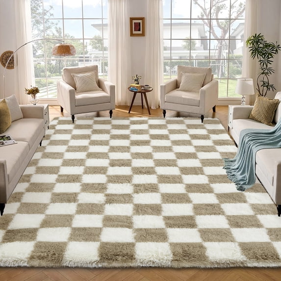 Haperlare 8'x10' Checkered Shag Rug Fluffy Area Rug Carpet, Non-Slip Non-Shedding Indoor Rug Fuzzy Shaggy Floor Mats for Living Room Bedroom Dining Room, Teal Colorful