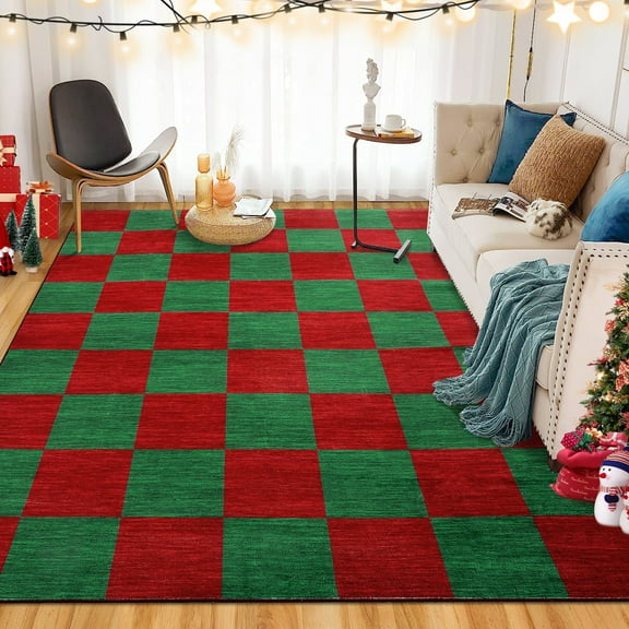 Haperlare 8'x10' Christmas Area Rug Checkered Decorative Carpet, Non-Slip Washable Rug Stain-Resistant Low Pile Floor Mats for Living Room Bedroom Home Decor, Red Green