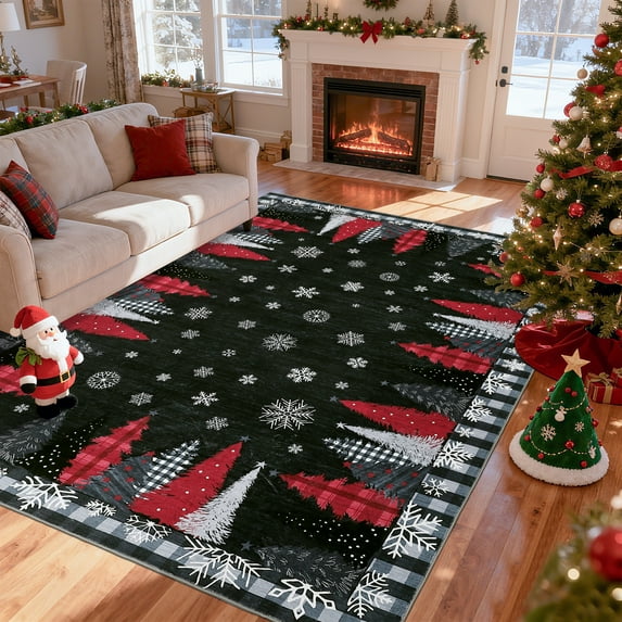 Haperlare 8'x10' Christmas Rug Snowflake Christmas Tree Floor Carpet, Washable Holiday Decorative Rug Non Slip Low Pile Indoor Mat for Living Room Bedroom Dining Room, Black