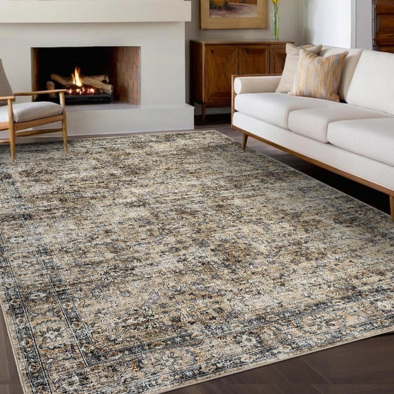 Haperlare 8'x10' Vintage Floral Area Rug Soft Oriental Carpet, Washable Rug Non Slip TPR Backing Low Pile Rugs for Living Room Bedroom Home Office, Brown