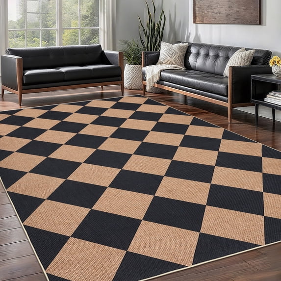 Haperlare 8'x10' Washable Jute Area Rugs Checkered Carpet, Non Slip Low Pile Rug Contemporary Indoor Outdoor Floor Mats for Living Room Bedroom Backyard, Black Coffee