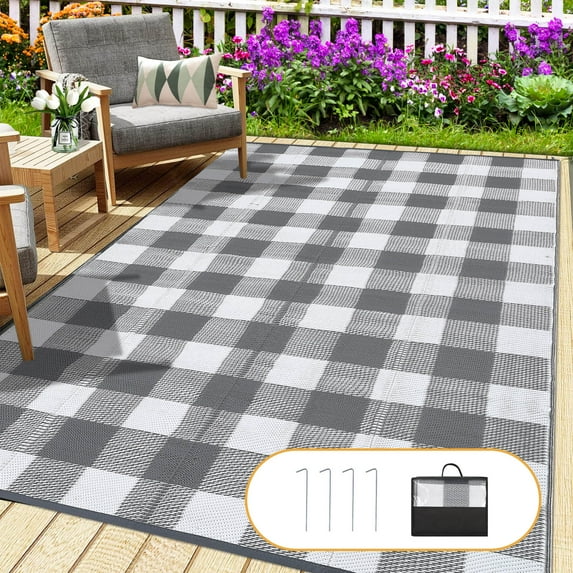 Haperlare 8'x10' Waterproof Outdoor Rug Plastic Straw Rug, Modern Plaid Reversible Camping Carpet Picnic Mat Geometric Outside Rug for Patio, Backyard, Balcony, Gray and White