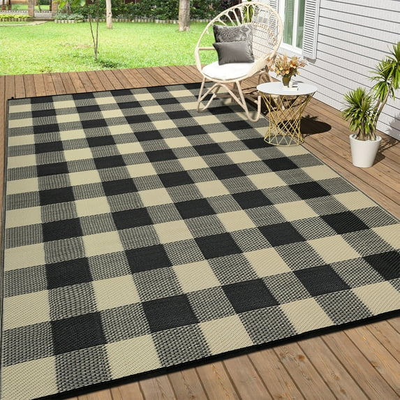 Haperlare 8'x10' Waterproof Outdoor Rug Plastic Straw Rug, Modern Plaid Reversible Camping Carpet Picnic Mat Geometric Outside Rug for Patio, Backyard, Balcony, Black and Coffee