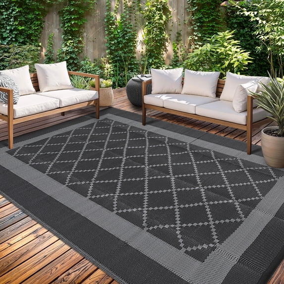 Haperlare 8x10 Outdoor Rug Waterproof Reversible Camping Carpet, Boho Bordered Plastic Outdoor Straw Rug with Storage Bag for Balcony, Deck, RV & Picnic, Black Gray