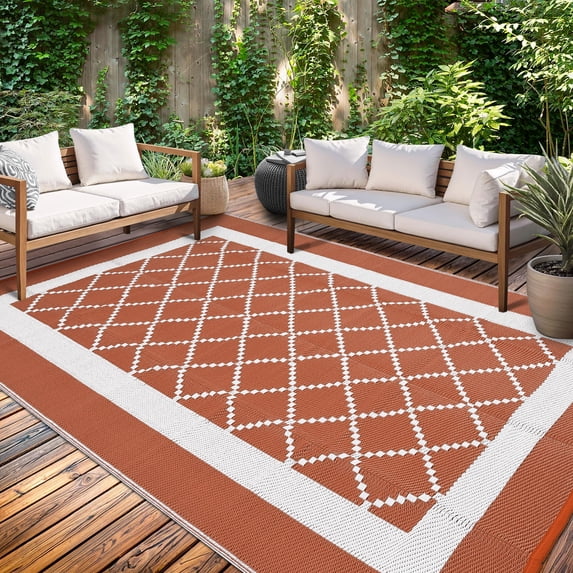 Haperlare 8x10 Outdoor Rug Waterproof Reversible Camping Carpet, Boho Bordered Plastic Outdoor Straw Rug with Storage Bag for Balcony, Deck, RV & Picnic, Orange