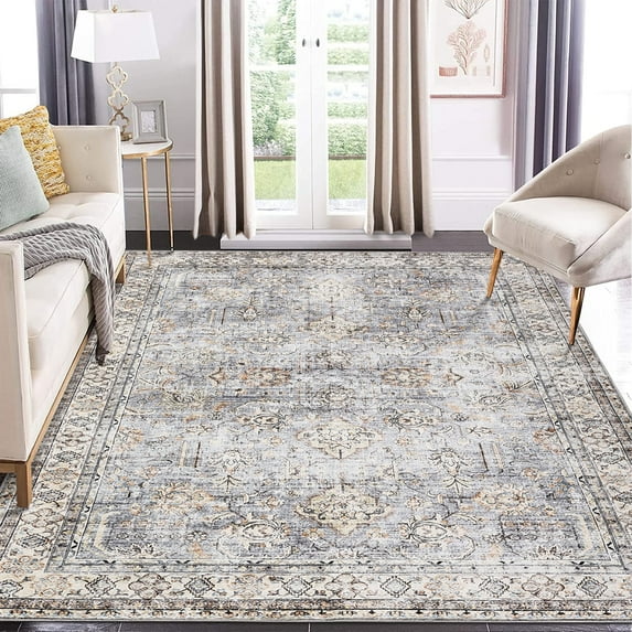 Haperlare 8x10 Vintage Area Rug Washable Rug for Living Room, Oriental Floral Rug Non-Slip Low Pile Rugs for Bedroom Dining Room, Blue