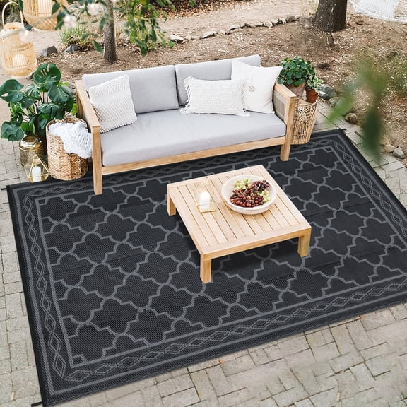 Haperlare 9' x 12' Black & Gray Outdoor Rug Plastic Straw Rug Bohemia Carpet Waterproof PP Tube Woven Portable Mat for RV, Patio Decor, Porch, Balcony, Picnic