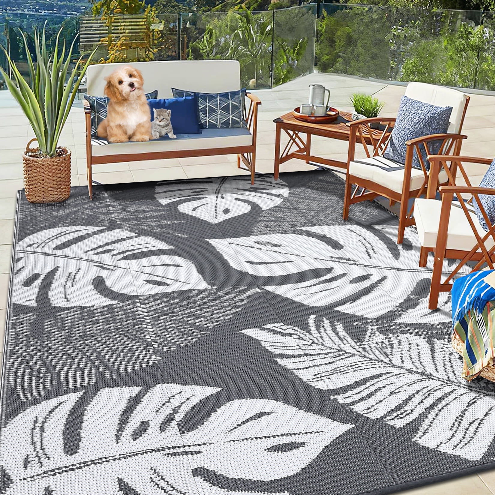 Haperlare 9' x 12' Grey & White Outdoor Rug Plastic Straw Rug Bohemia ...