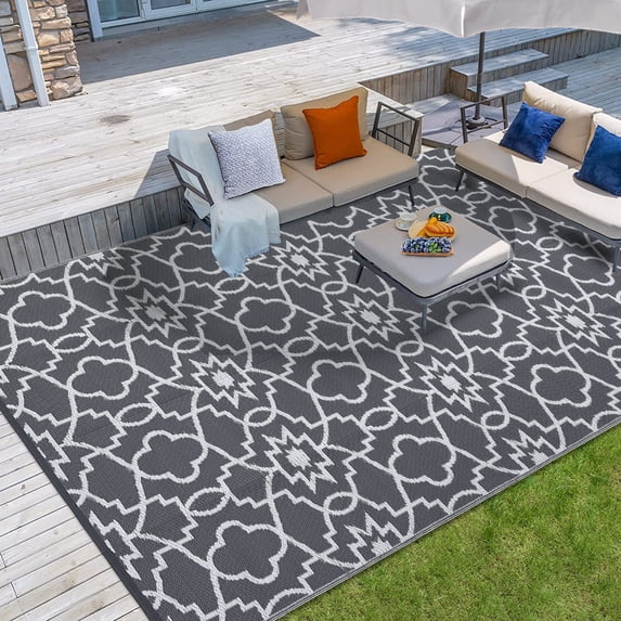 Haperlare 9' x 18' Grey & White Outdoor Rug Plastic Straw Rug Bohemia Carpet Waterproof PP Tube Woven Portable Mat for RV, Patio Decor, Porch, Balcony, Picnic