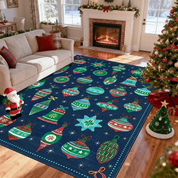 Haperlare 9'x12' Christmas Area Rug Holiday Decorative Floor Mats, Washable Rug Non Slip Stain-Resistant Print Indoor Carpet for Living Room Bedroom Dining Room, Blue