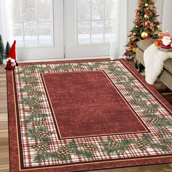 Haperlare 9'x12' Christmas Area Rug Xmas Bordered Carpet, Washable Rug with Non Slip TPR Backing Low Pile Non Shedding Floor Mats for Living Room Bedroom Home Decor, Red