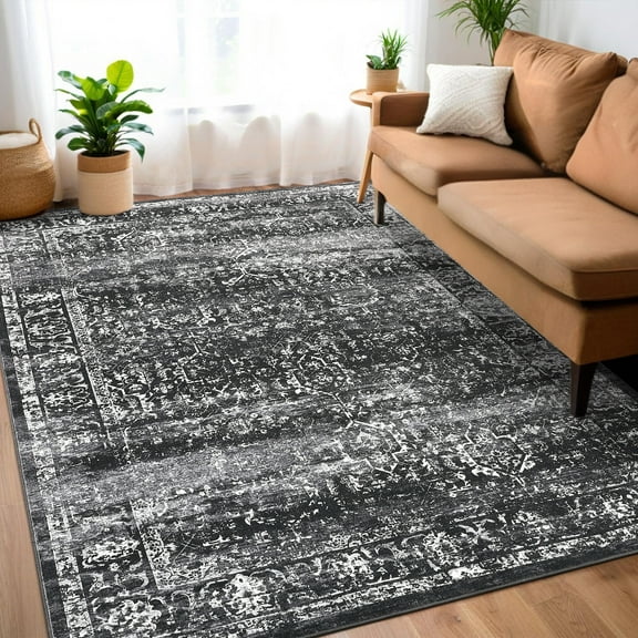 Haperlare 9'x12' Floral Distressed Area Rugs for Living Room Washable Non Slip Nursery Black Rugs Ultra-Thin Soft Carpet for Bedroom