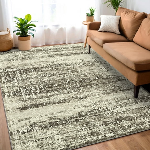 Haperlare 9'x12' Floral Distressed Area Rugs for Living Room Washable Non Slip Nursery Brown Rugs Ultra-Thin Soft Carpet for Bedroom