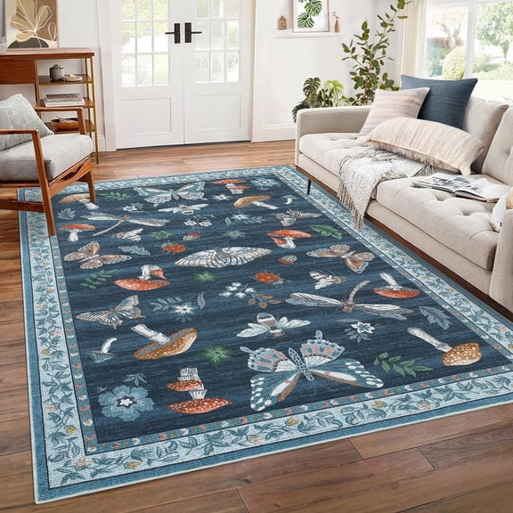 Haperlare 9'x12' Floral Print Accent Rug Machine Washable Rug with Non-Slip Backing, Soft Low Pile Area Rugs Stain-Resistant Indoor Carpet for Living Room Nursery Bedroom Office, Blue