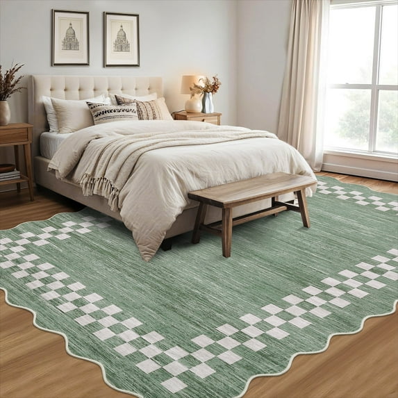 Haperlare 9'x12' Geometric Scalloped Area Rug Washable Rugs for Living Room, Stain-Resistant Modern Non-Slip Rugs Low Pile Indoor Carpet for Bedroom Home Decor, Green