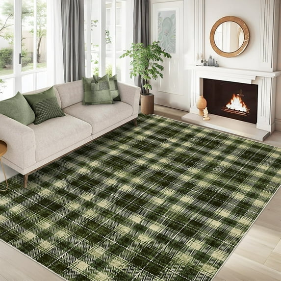 Haperlare 9'x12' Modern Plaid Area Rug Washable Rugs, Non Slip Ultra Soft Rug Stain Resistant Farmhouse Rug Carpet for Living Room Bedroom Dining Room, Dark Green