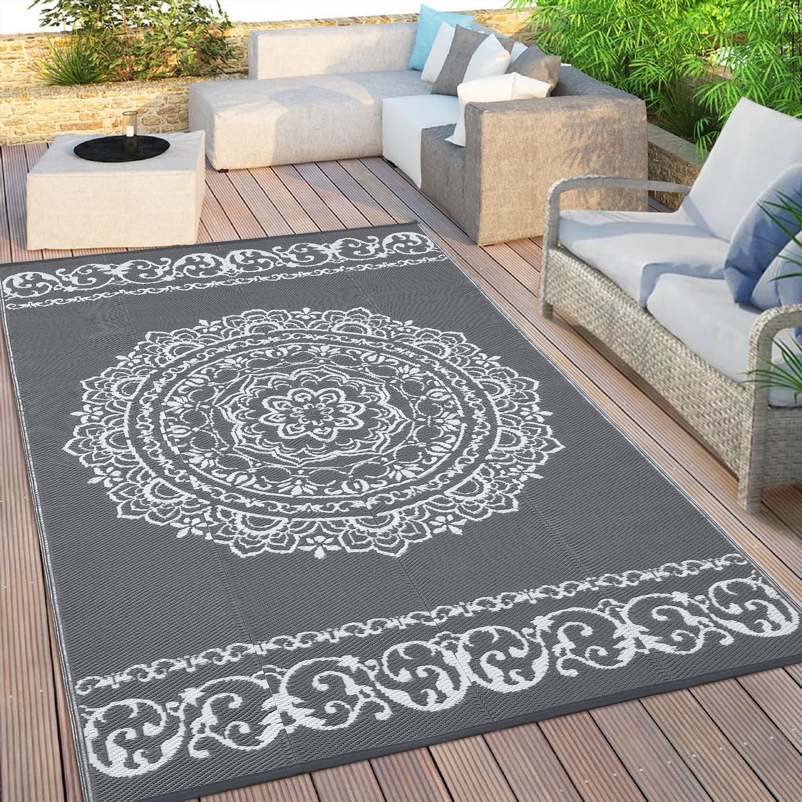 Haperlare 9'x12' Outdoor Rug for Patio, Waterproof Reversible Plastic Straw Rug Boho Indoor Outdoor UV Resistant Camping Carpet for RV, Backyard, Deck, Picnic, Gray and White