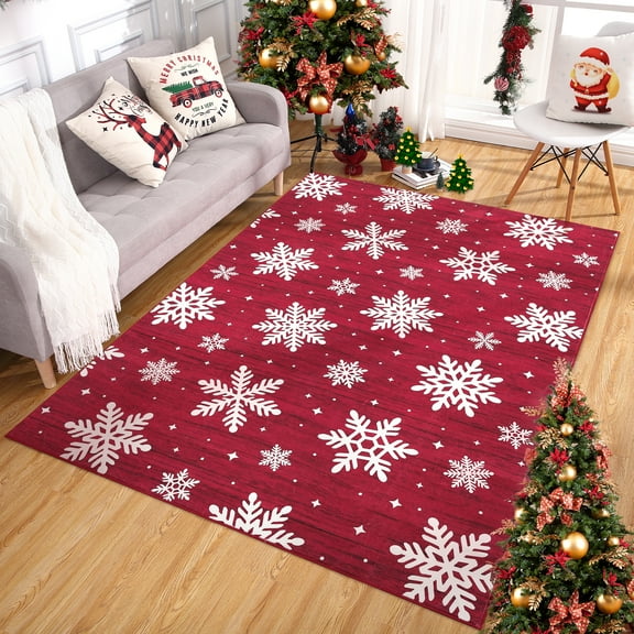Haperlare 9'x12' Snowflake Christmas Area Rug Living Room Rugs, Washable Rug Non-Slip Soft Xmas Decorative Indoor Carpet for Dining Room Bedroom, Red