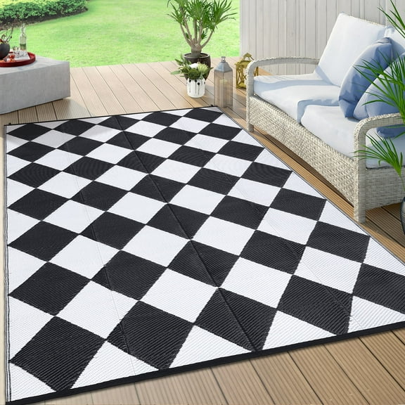 Haperlare 9'x12' Waterproof Outdoor Rug Plastic Geometric Diamond Outdoor Carpet for Balcony Deck Picnic, Reversible UV Resistant Patio Rugs Carpet with 4 Stakes & Portable Bag, Black and White