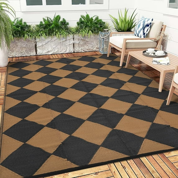 Haperlare 9'x12' Waterproof Outdoor Rug Plastic Geometric Diamond Outdoor Carpet for Balcony Deck Picnic, Reversible UV Resistant Patio Rugs Carpet with 4 Stakes & Portable Bag, Black and Brown