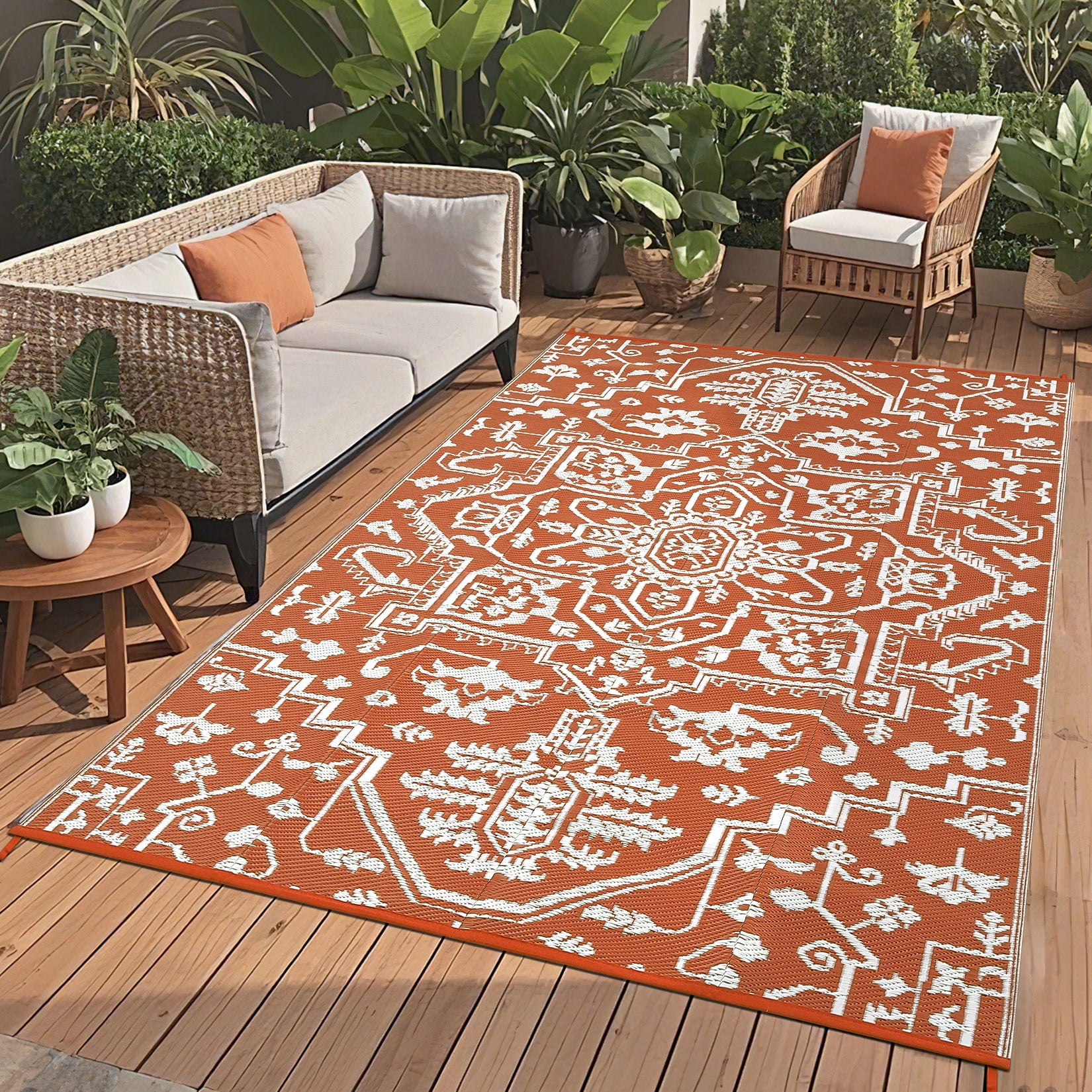 Haperlare 9'x12' Waterproof Outdoor Rug, Reversible Plastic Straw Patio Rug Vintage Medallion Outdoor Carpet, Stain Resistant Portable RV Mat for Balcony, Porch, Picnic, Backyard, Red and White