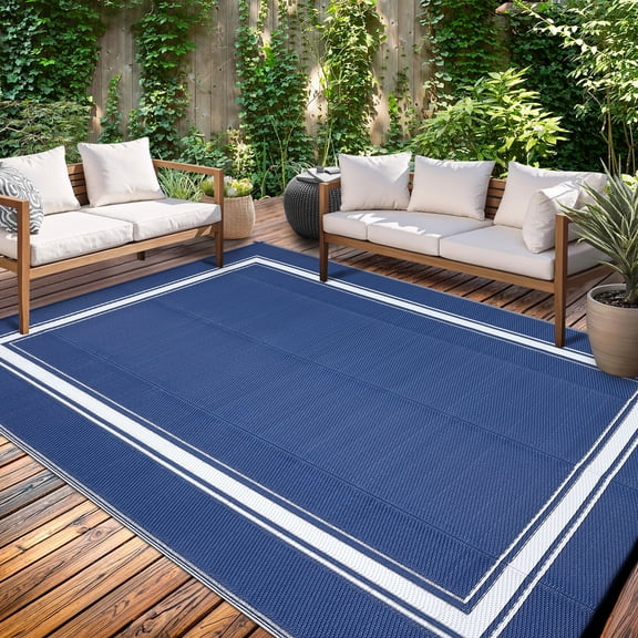 Haperlare 9'x12' Waterproof Outdoor Rug Reversible Plastic Straw Rug, Modern Bordered Patio Rug Outdoor Camping Mat for RV Camping Deck Balcony Porch Picnic, Dark Blue