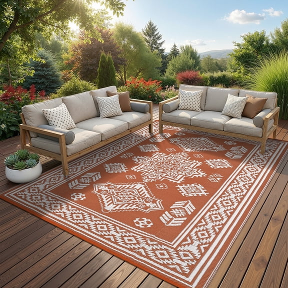 Haperlare 9'x18' Boho Outdoor Rug Plastic Reversible Outdoor Carpet, Waterproof Straw Patio Rug RV Camping Mat with Storage Bag for Deck Porch Beach Backyard, Orange