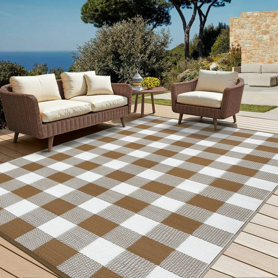 Haperlare 9'x18' Waterproof Outdoor Rug Plastic Straw Rug, Modern Plaid Reversible Camping Carpet Picnic Mat Geometric Outside Rug for Patio, Backyard, Balcony, Brown and White