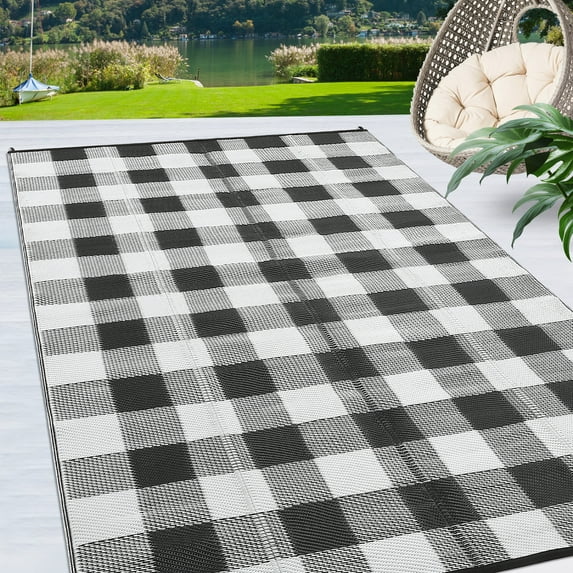 Haperlare 9'x18' Waterproof Outdoor Rug Plastic Straw Rug, Modern Plaid Reversible Camping Carpet Picnic Mat Geometric Outside Rug for Patio, Backyard, Balcony, Black and White