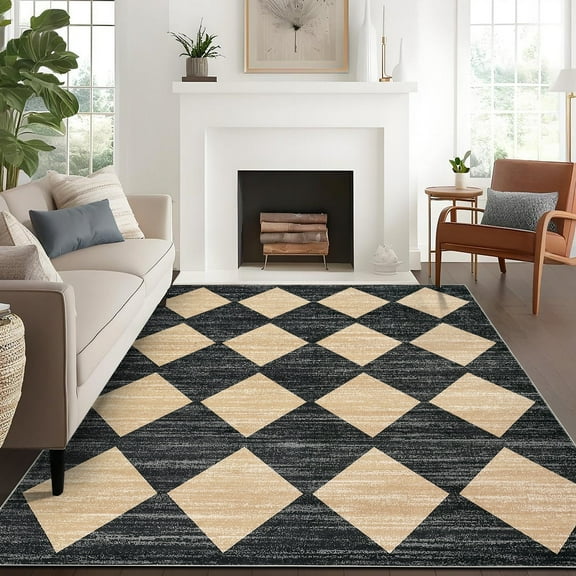 Haperlare 9ftx12ft Geometric Diamond Area Rug, Machine Washable Rug Stain Resistant Indoor Carpet With Non-Slip Backing, Soft Low Pile Rug for Living Room Bedroom Home Office, Dark Camel