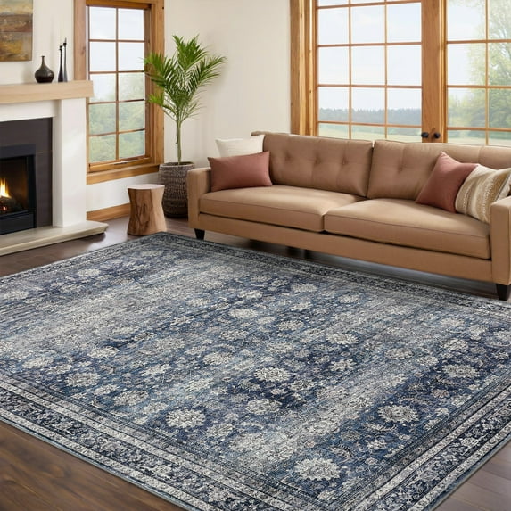 Haperlare 9x12 Vintage Printed Area Rugs Washable Accent Rugs, Non Slip Stain-Resistant Oriental Floor Carpet Farmhouse Low Pile Rugs for Living Room Bedroom Office, Blue