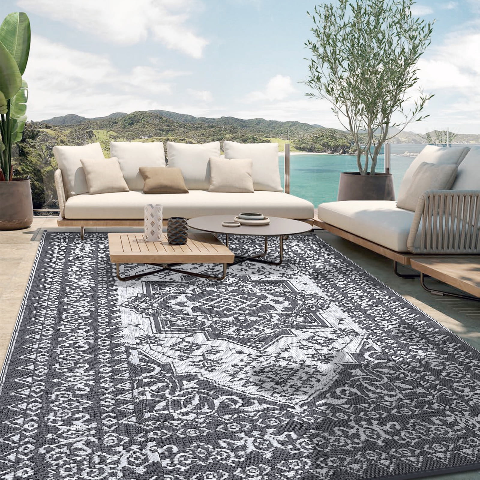 Haperlare 9x12ft Boho Outdoor Rugs Waterproof Reversible Plastic Straw Rug, Large Vintage Medallion RV Camping Carpet  for Deck, Picnic, Beach, Pool, Garden, Gray and White