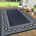 thumbnail image 1 of Haperlare 9x18 Outdoor Rug Geometric Bordered Waterproof Camping Carpet, Reversible Plastic Straw Rug for Patio Porch RV Deck Entryance Picnic Balcony Beach, Black Blue, 1 of 6