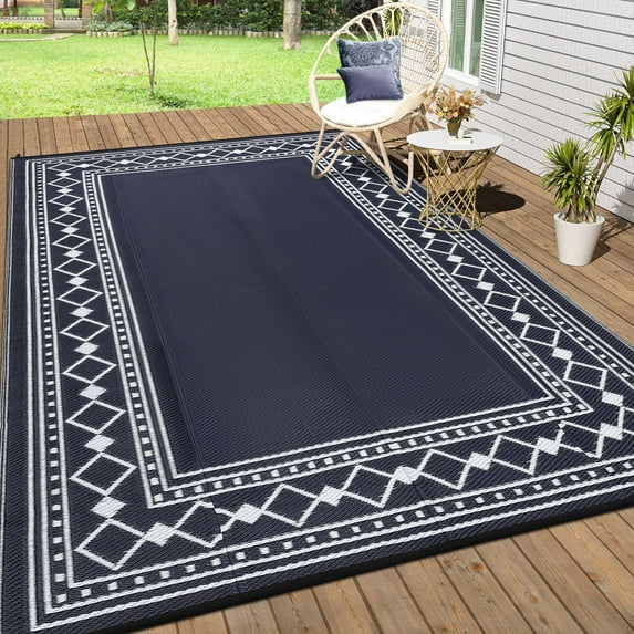 Haperlare 9x18 Outdoor Rug Geometric Bordered Waterproof Camping Carpet, Reversible Plastic Straw Rug for Patio Porch RV Deck Entryance Picnic Balcony Beach, Black Blue