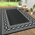 thumbnail image 1 of Haperlare 9x18 Outdoor Rug Geometric Bordered Waterproof Camping Carpet, Reversible Plastic Straw Rug for Patio Porch RV Deck Entryance Picnic Balcony Beach, Black, 1 of 6