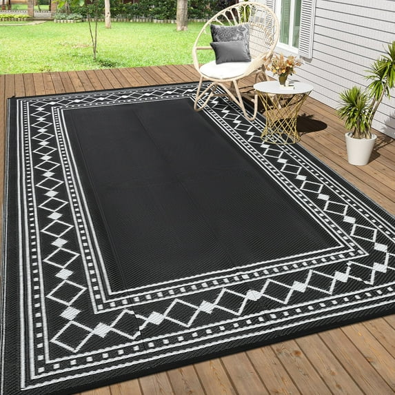 Haperlare 9x18 Outdoor Rug Geometric Bordered Waterproof Camping Carpet, Reversible Plastic Straw Rug for Patio Porch RV Deck Entryance Picnic Balcony Beach, Black